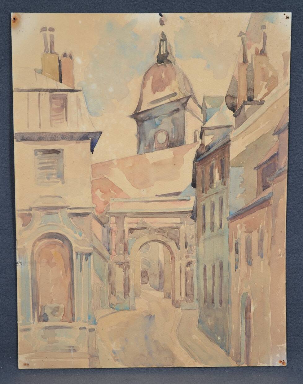 French school 20th century "the old village and its church" watercolor, circa 1935