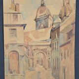 French school 20th century "the old village and its church" watercolor, circa 1935