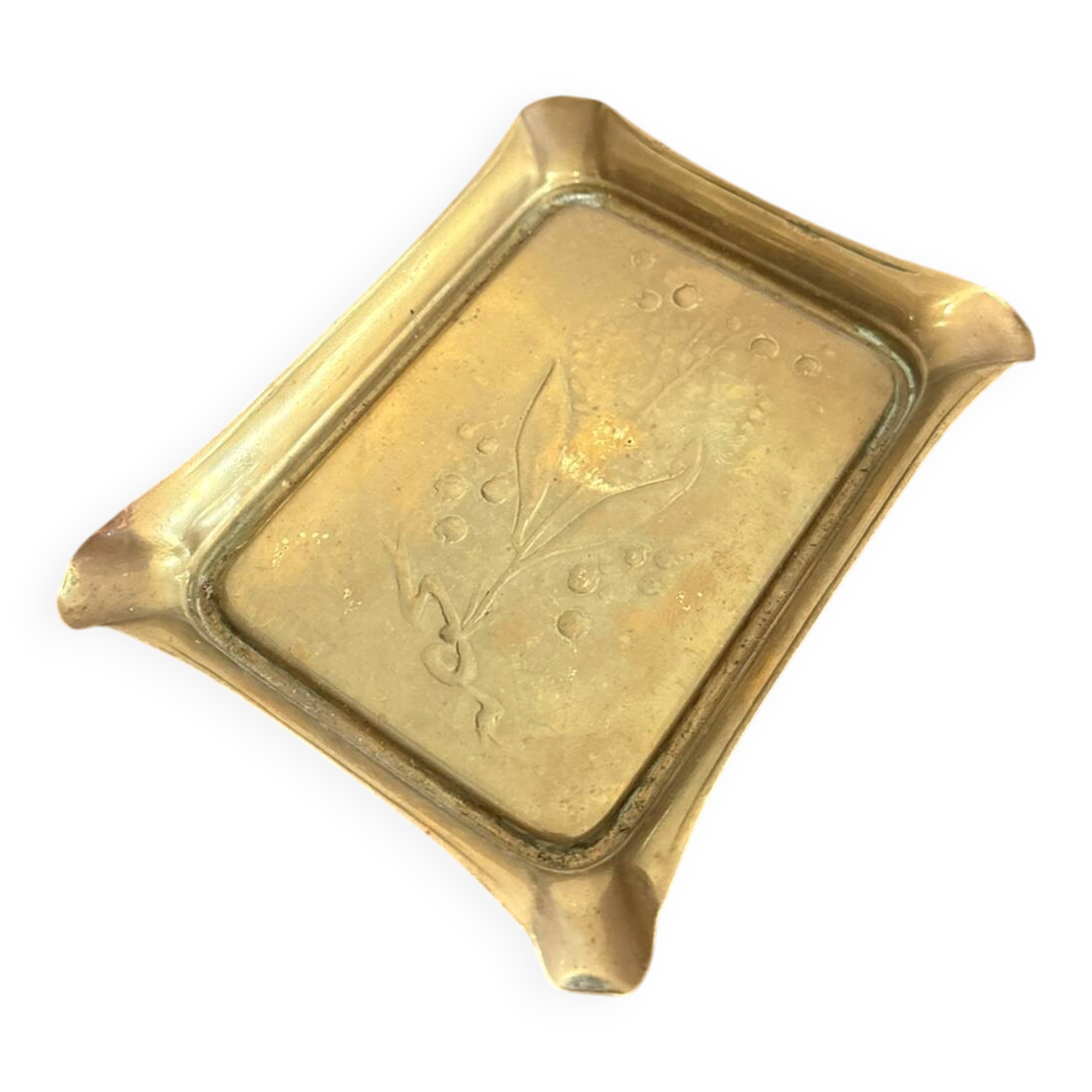 Antique Ashtray Catchall Art Nouveau Gilded Brass Flowers 20th Century