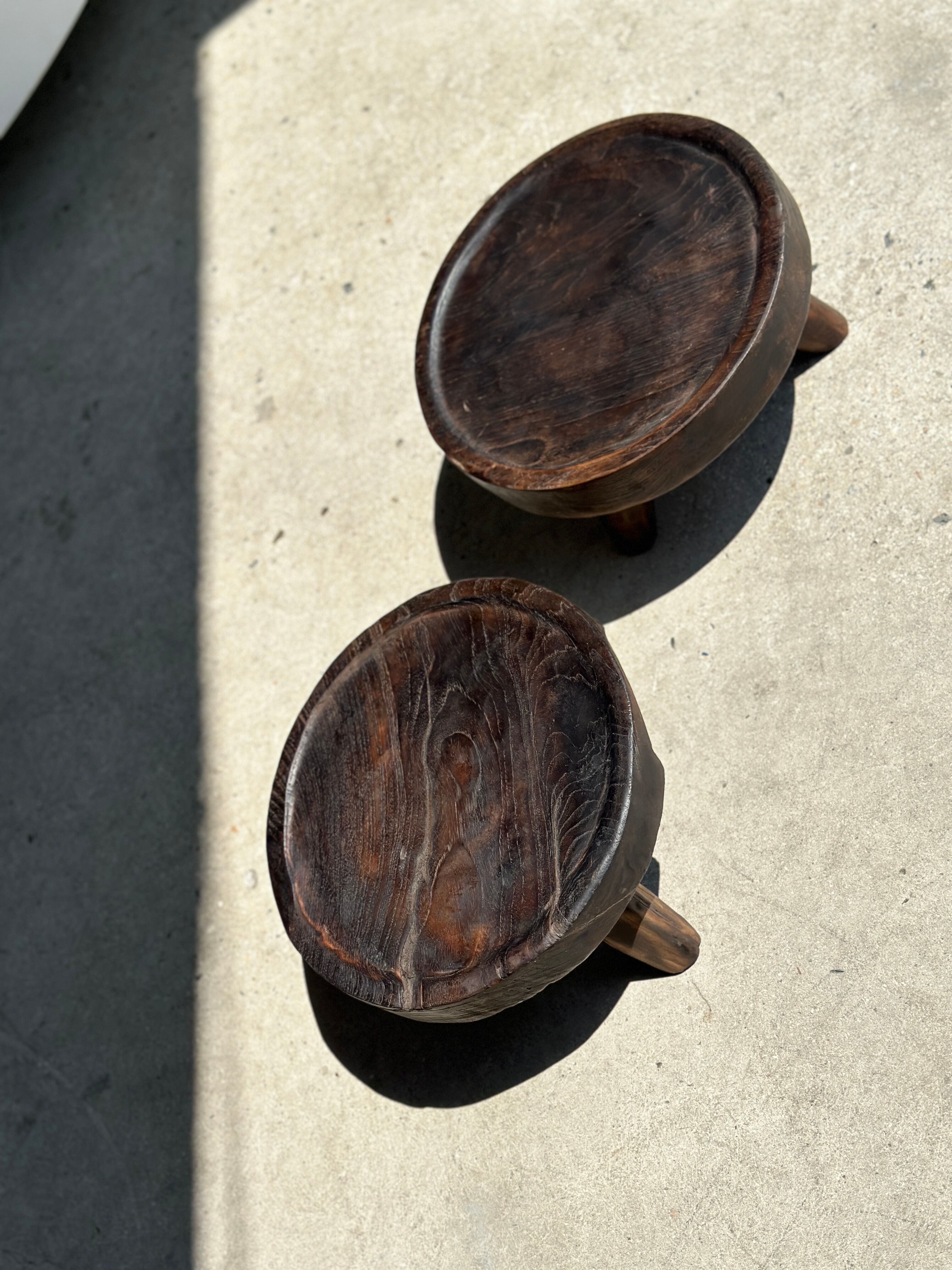 Small tripod stool low in dark brown upcycled teak