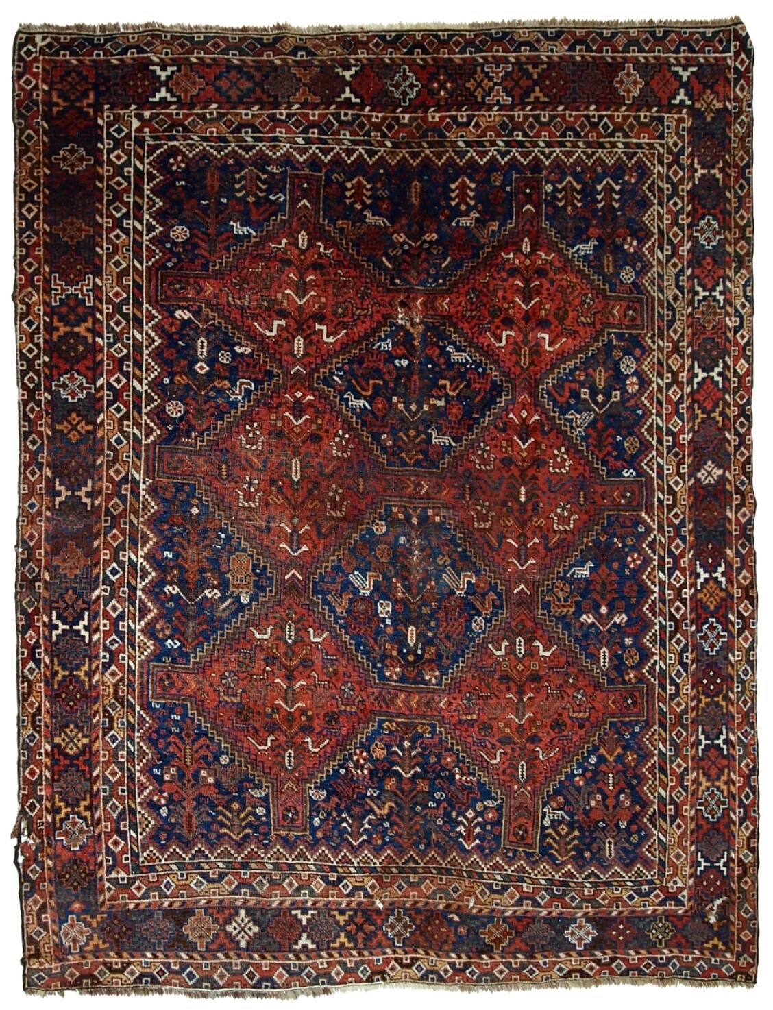 Tapis antique fait main Khamseh persan 156cm x 194cm (1900s)