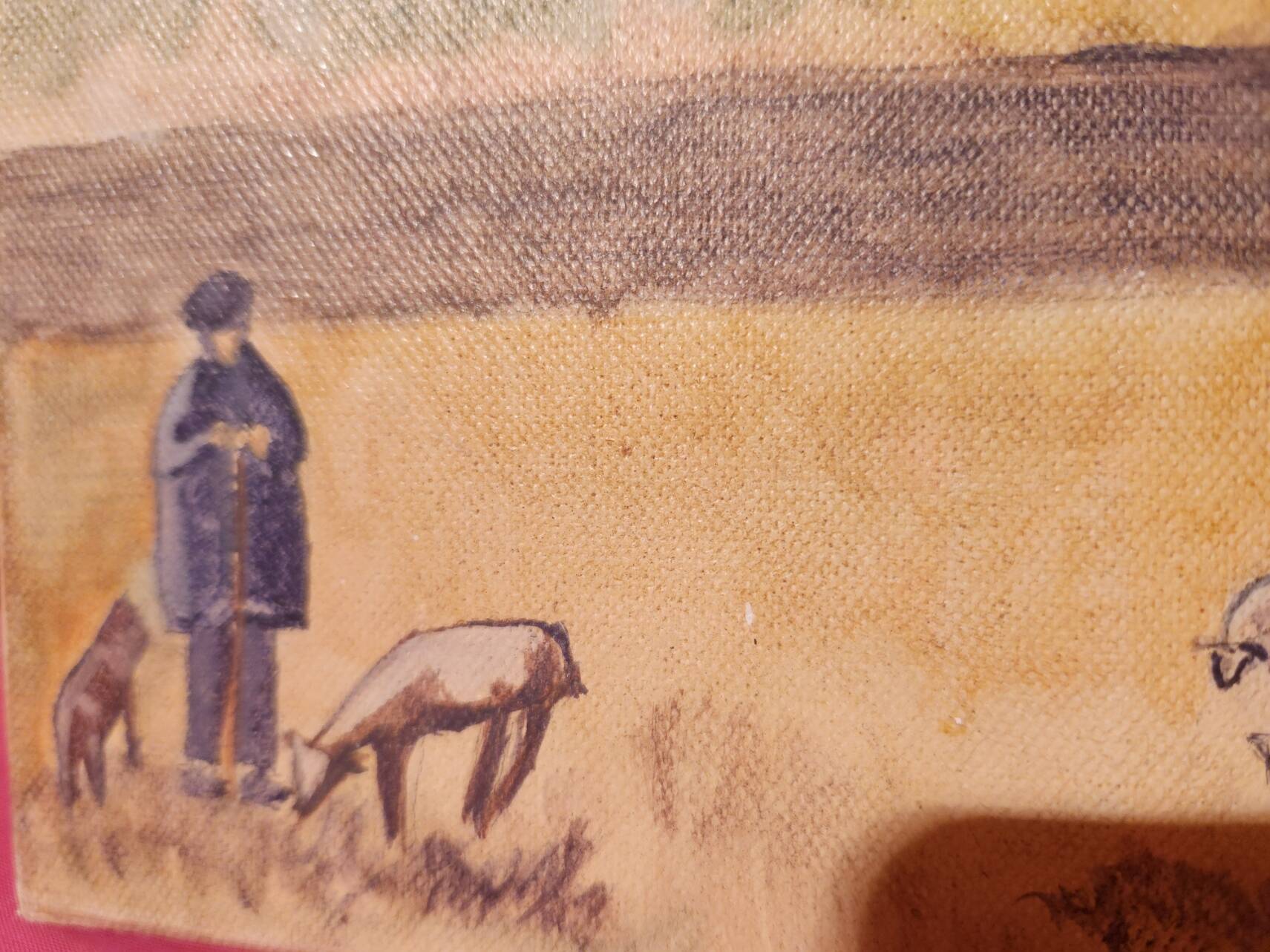 Oil painting on canvas Provence landscape Shepherd sheep signed Thiout