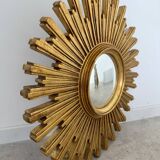 Ancien miroir soleil doré œil de sorcière bombé en résine, années 70