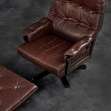 Vintage Mid-Century Scandinavian Modern Brown Leather Executive Swivel Chair & Ottoman, 1970s