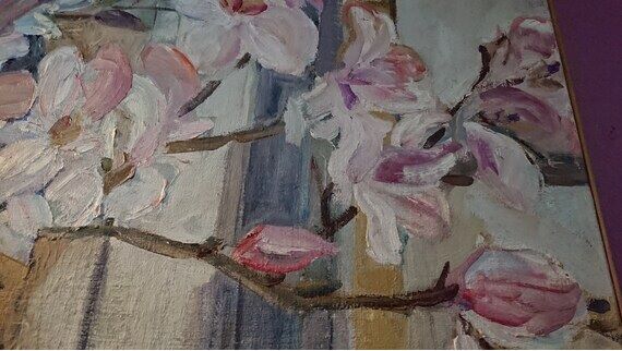 Painting a. favory "the magnolias" oil on canvas france 1960 impressionists post cubism