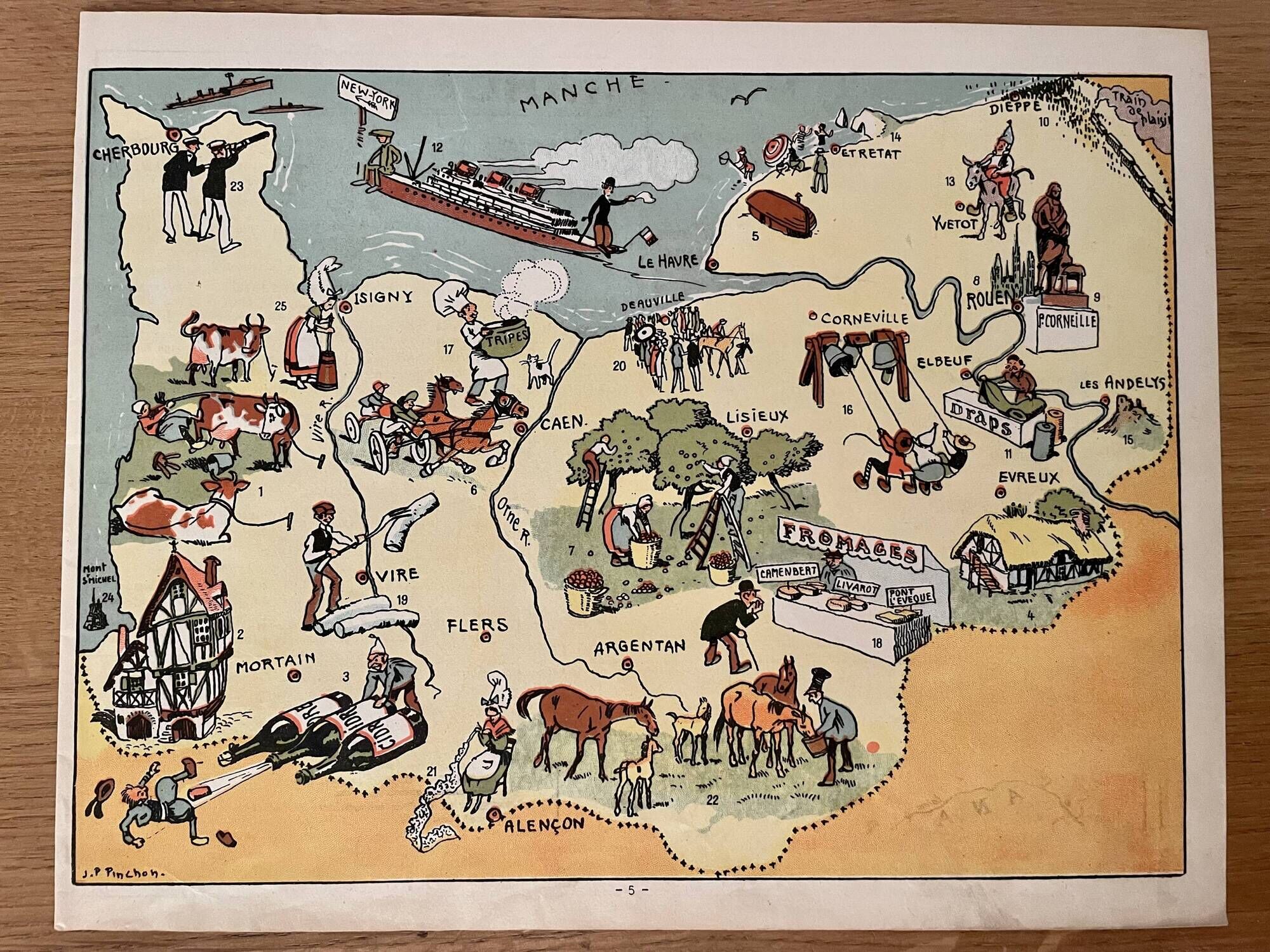 Old poster illustrated map of Normandy 1947 - JP Pinchon