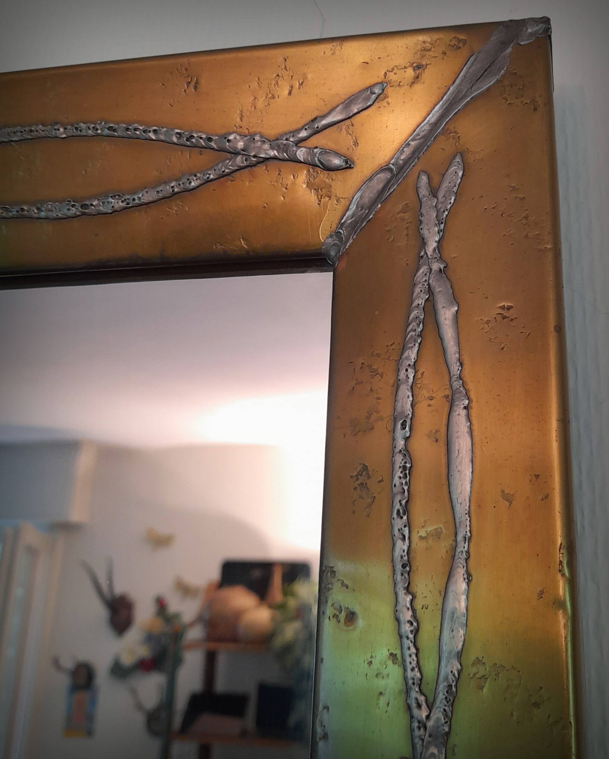 Brutalist brass mirror by Jean Goardere, France, 1970s