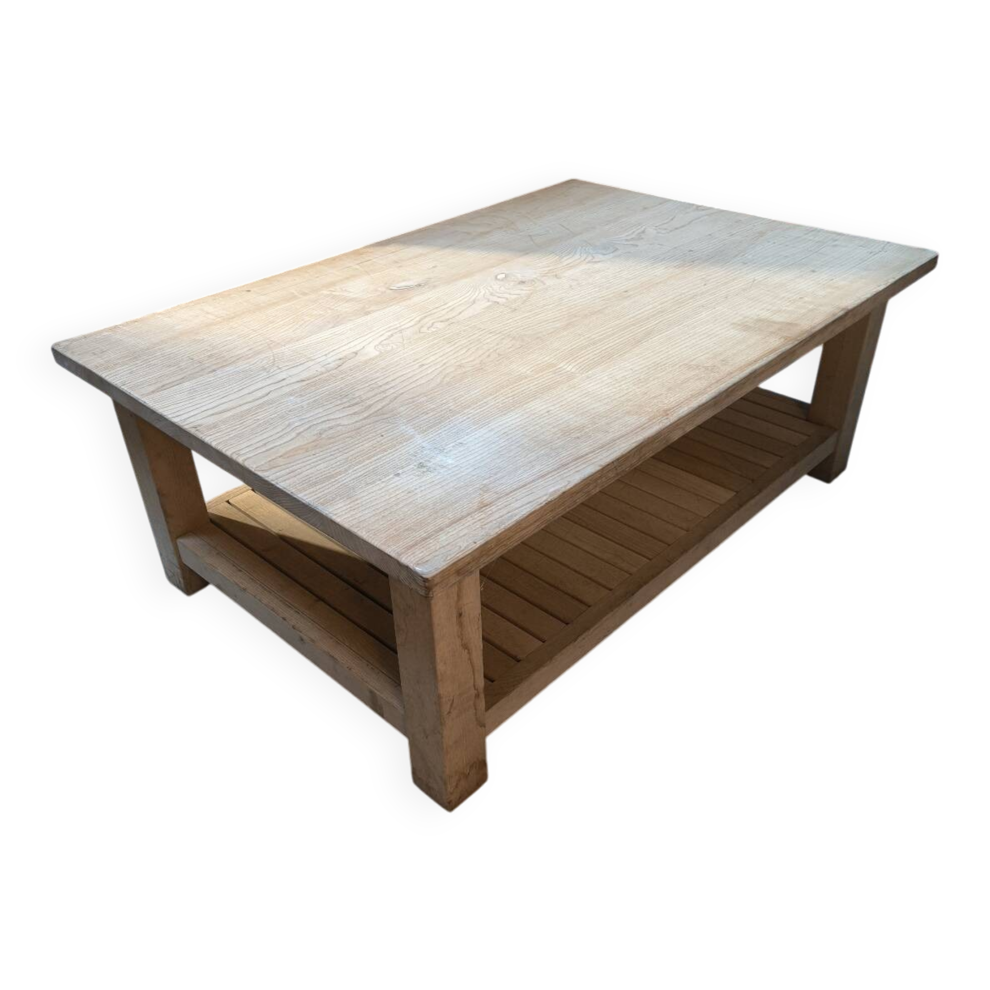 Table basse en frêne massif double plateau vers 1980