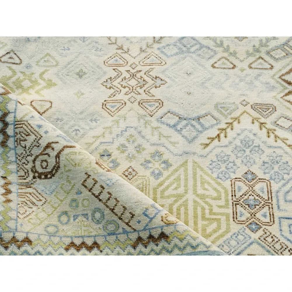 Decorative Oushak Wool Area Rug with Geometric Design. Hand-knotted Beige Carpet