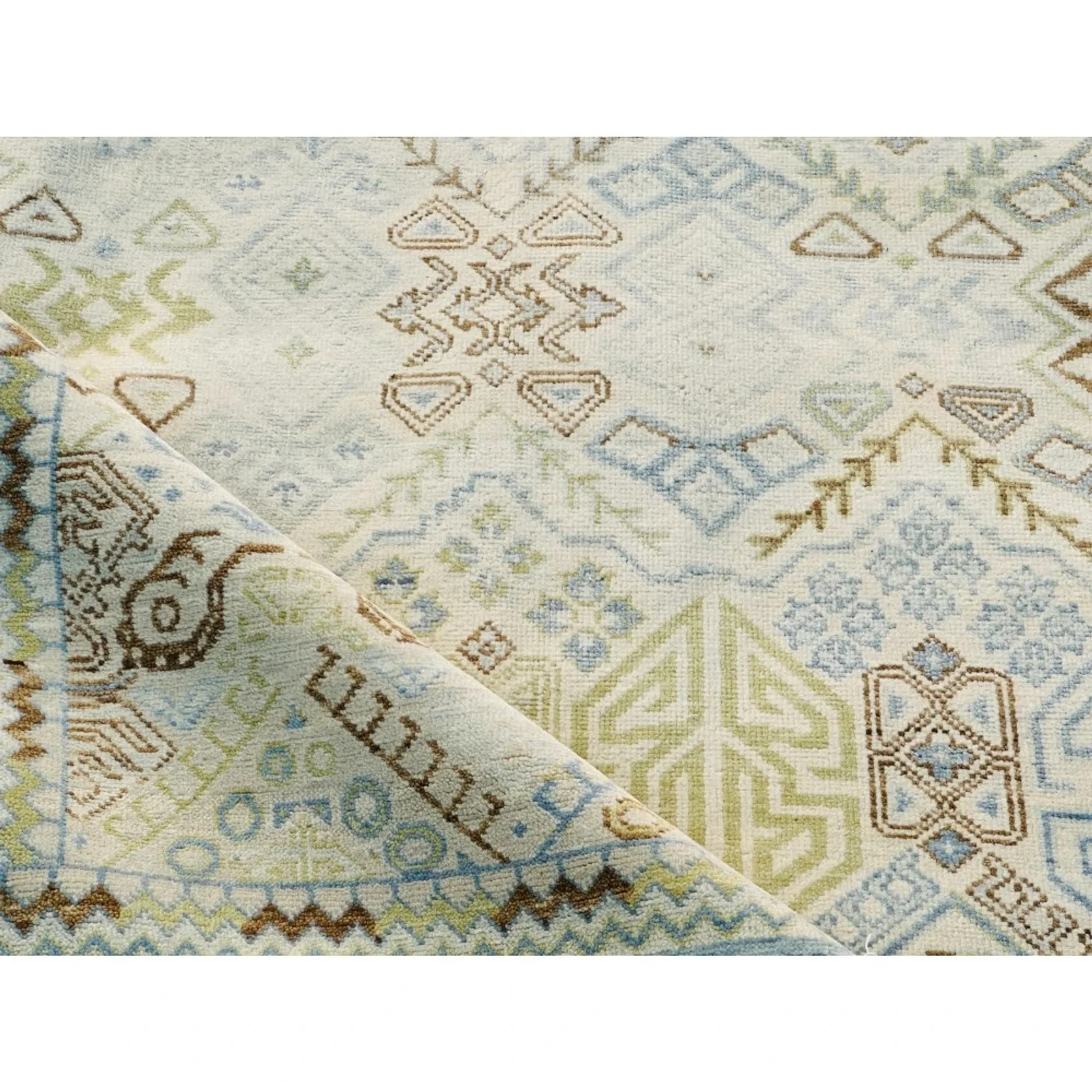 Decorative Oushak Wool Area Rug with Geometric Design. Hand-knotted Beige Carpet
