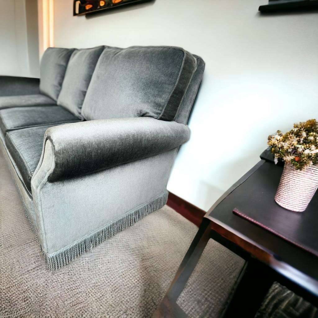 Vintage blue-grey velvet fringed seat / armchair