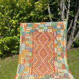 Oriental kilim rug afghan colored red green multicolored