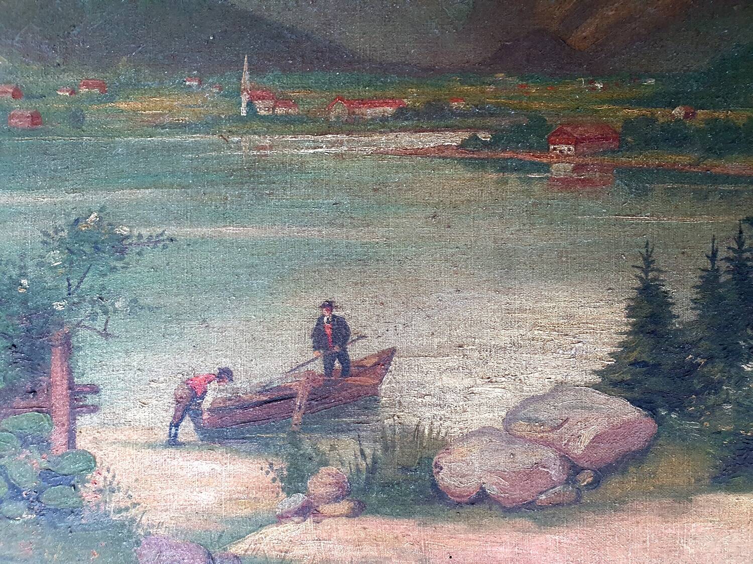 Tableau ancien Lac de montagne animé Signé Lombaere