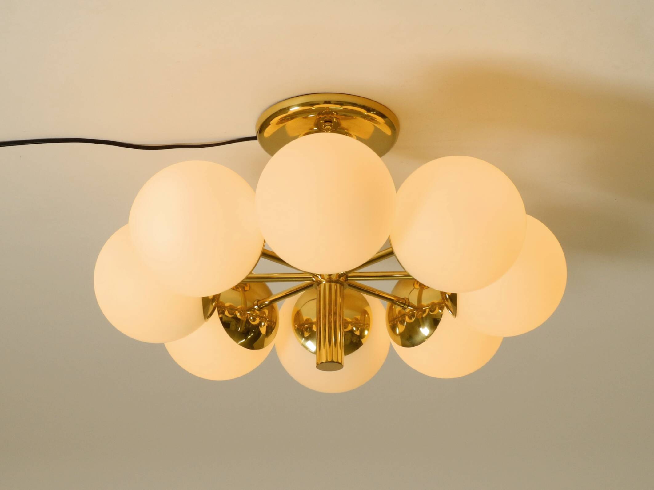 1960s Space Age brass ceiling lamp with 8 glass balls by Kaiser Leuchten