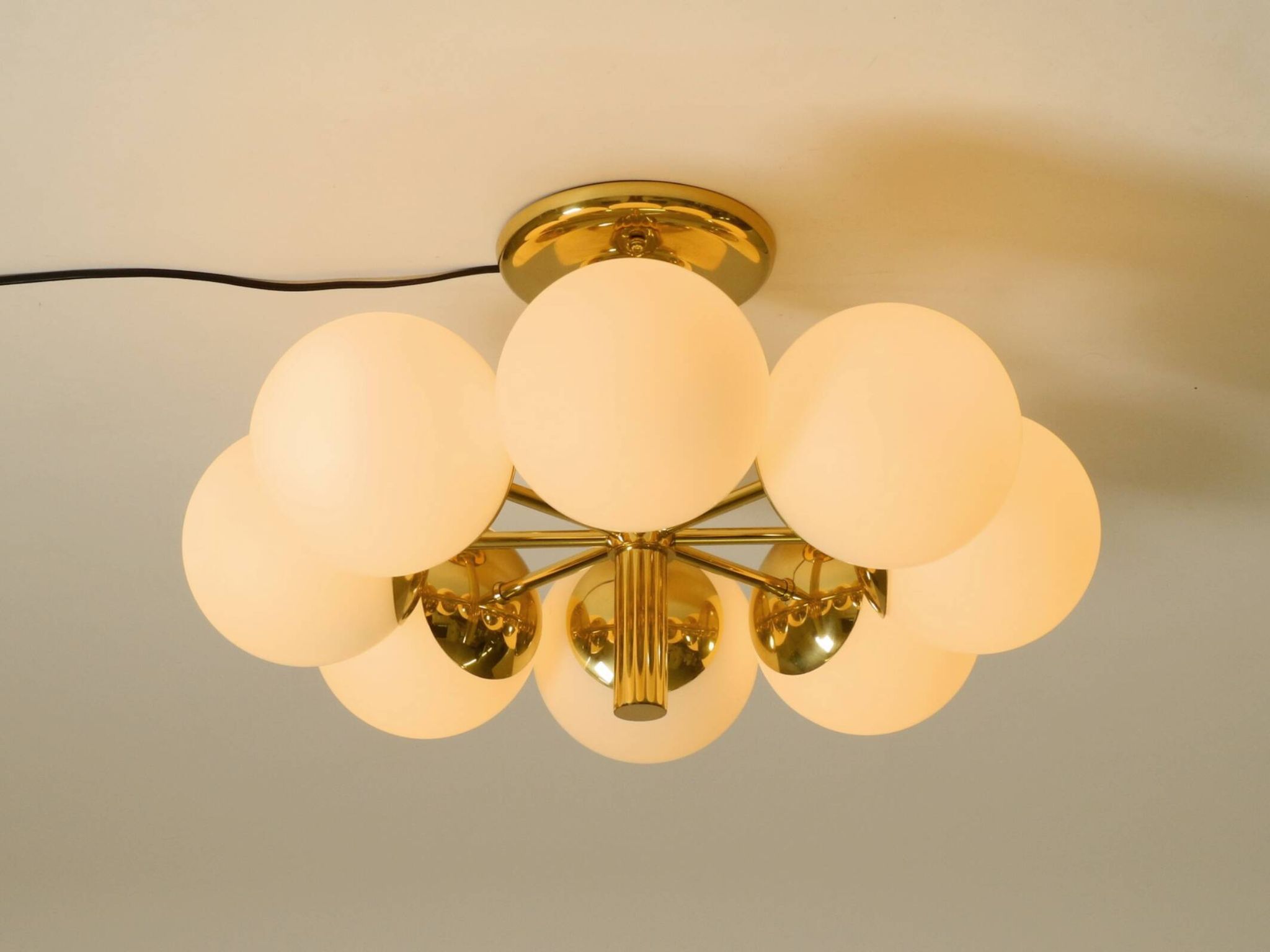 1960s Space Age brass ceiling lamp with 8 glass balls by Kaiser Leuchten