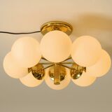 1960s Space Age brass ceiling lamp with 8 glass balls by Kaiser Leuchten