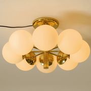 1960s Space Age brass ceiling lamp with 8 glass balls by Kaiser Leuchten