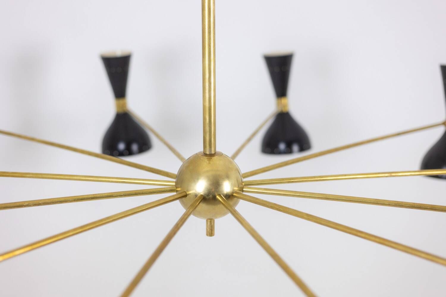 Black lacquered metal 12-arm light chandelier. Contemporary.