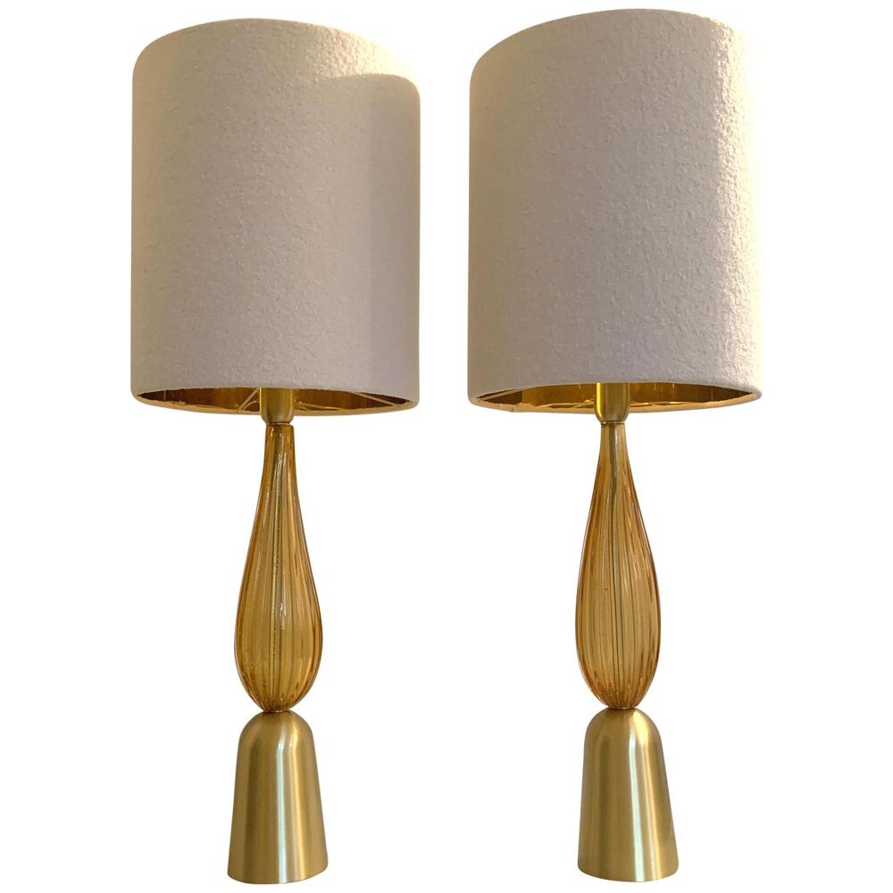 Amber and gold murano glass table lamps with bouclé lampshde