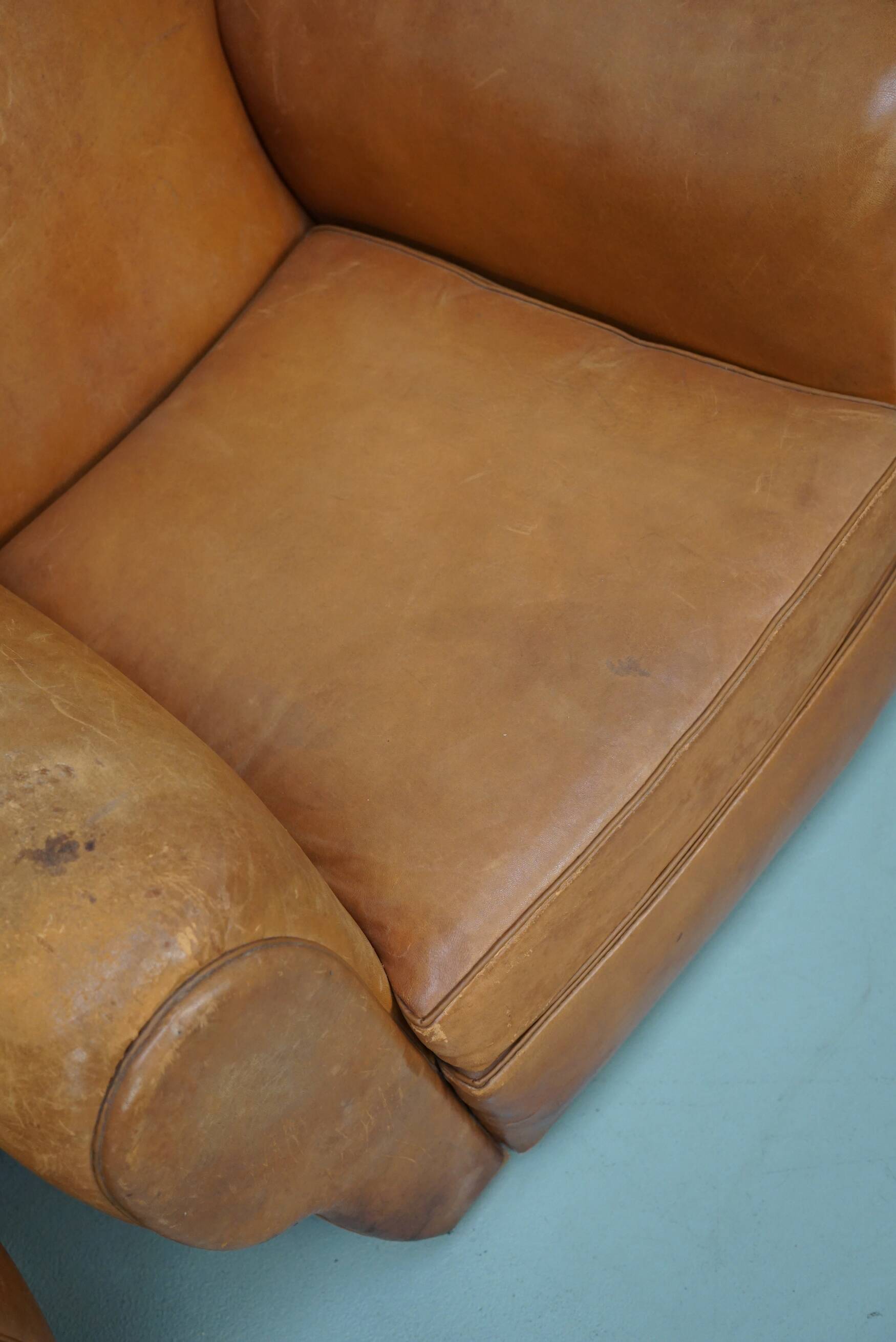 Pair of French club chairs with moustache back in cognac leather, 1950s