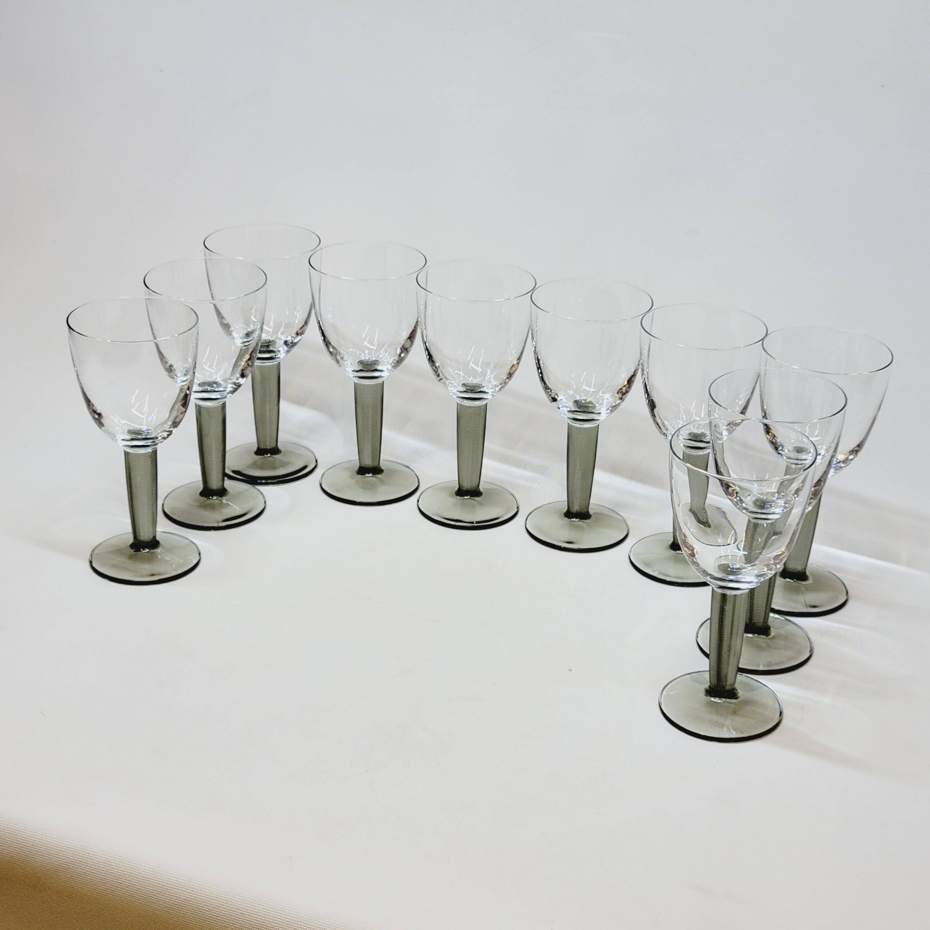 10 Bormioli Rocco Vintage Crystal Wine Glasses with Grooved Grey Stem
