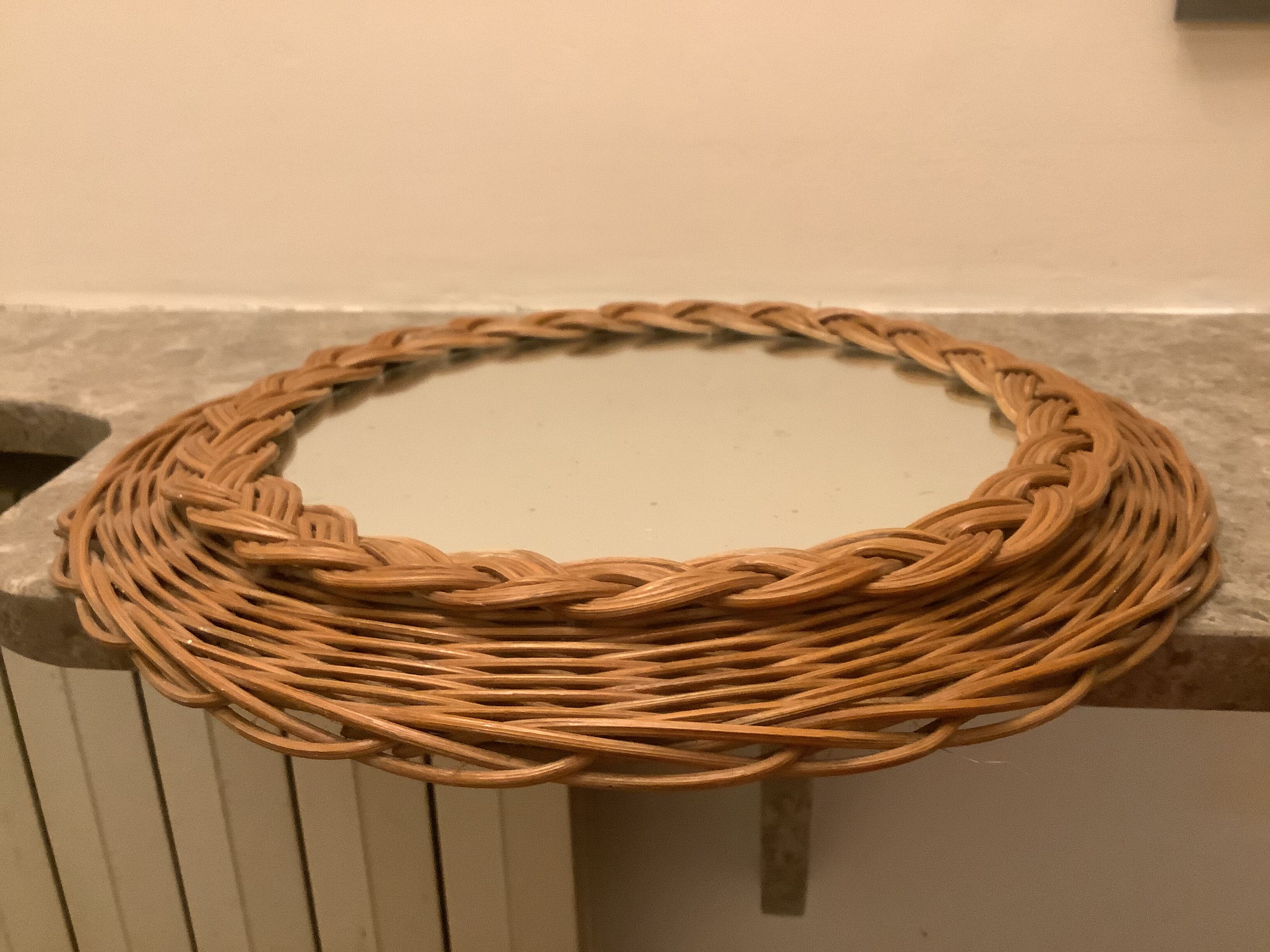 Old round mirror wicker rattan varnished