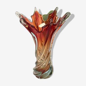 Vase en verre de Murano rouge, ambre et bleu - Sommerso