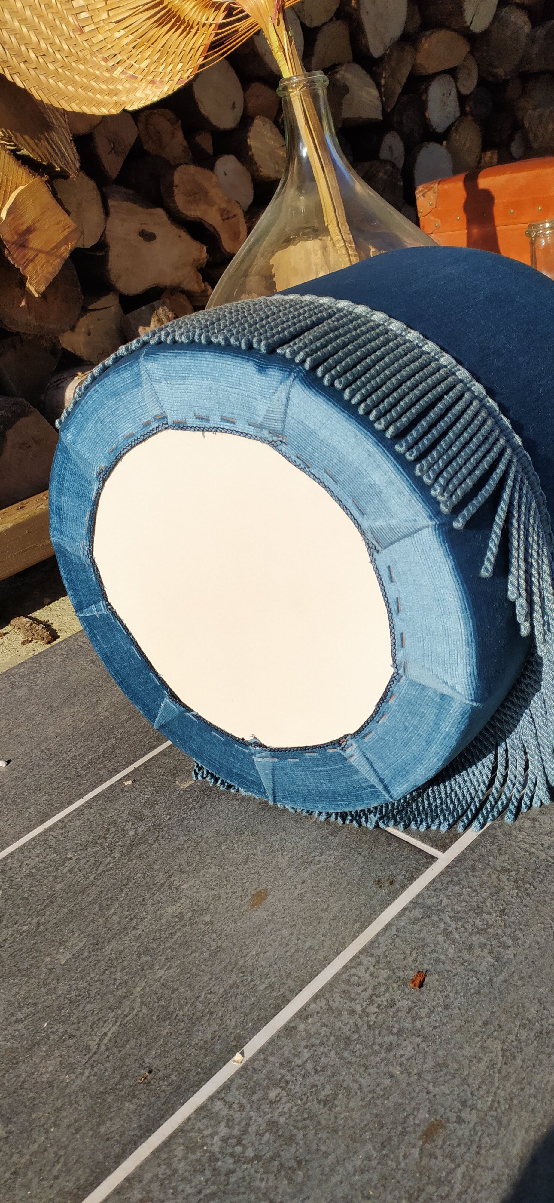 Vintage blue velvet pouf