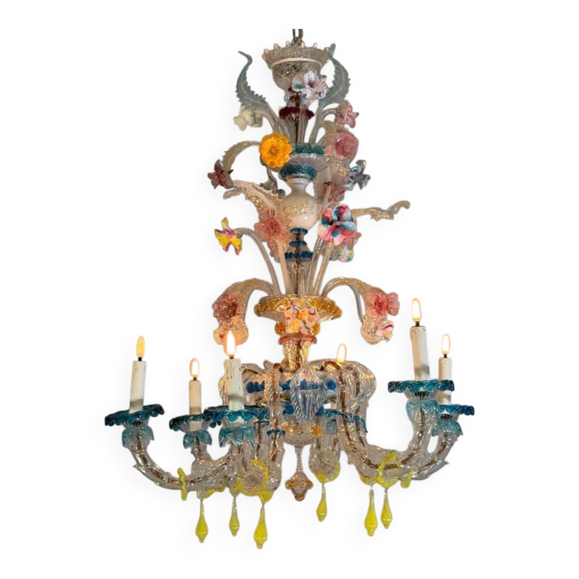Venetian Rezzonico chandelier in multicoloured Murano glass circa 1900