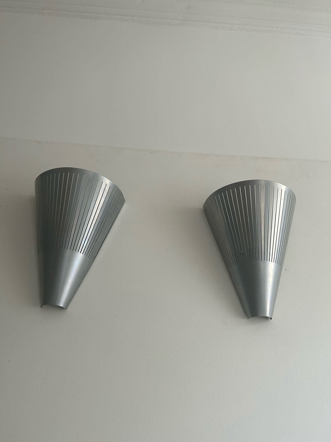 Pair of vintage conical wall lights, ribbed metal, Sweden 1970