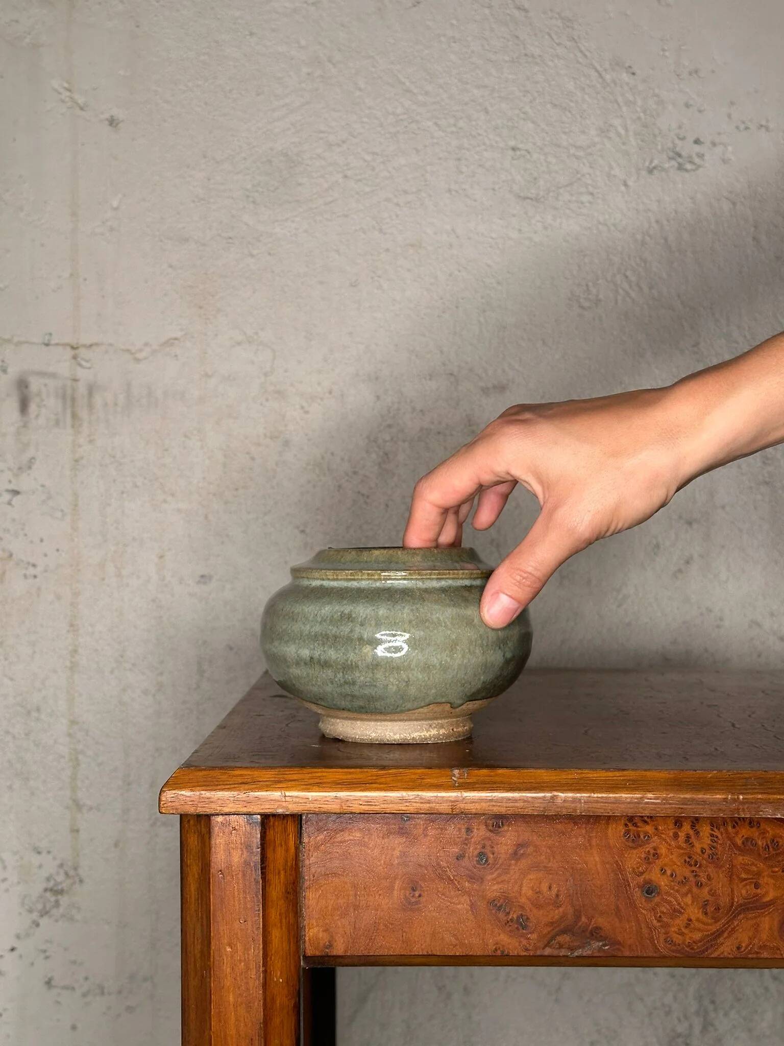 Blue glazed stoneware pot