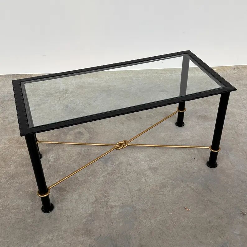 Vintage Coffee Table in Textured Black Wrought Iron and Glass with Gold Detail, 1970s