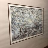Painting j. garelli winter landscape 01/86 under glass + wood frame