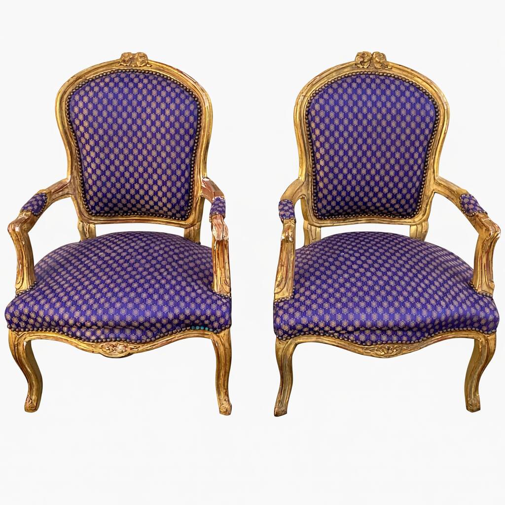 Pair of baroque armchairs in Louis XV style with blue satin fabric.