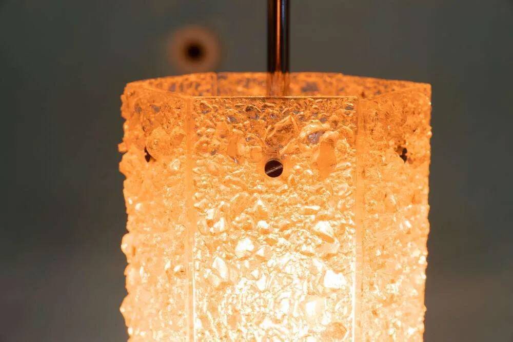 Vintage hexagonal glass and chrome pendant lamp from the 1960s.