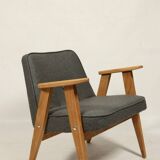 Fauteuil du milieu du siècle, revêtement en laine grise, bois de chêne, chaise longue de Style Vintage après rénovation