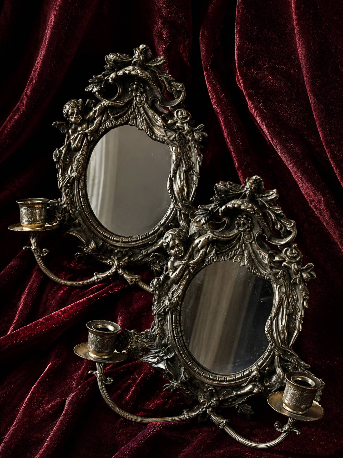 Rare pair of mirror sconces with putti. Napoleon III / Art Nouveau ~