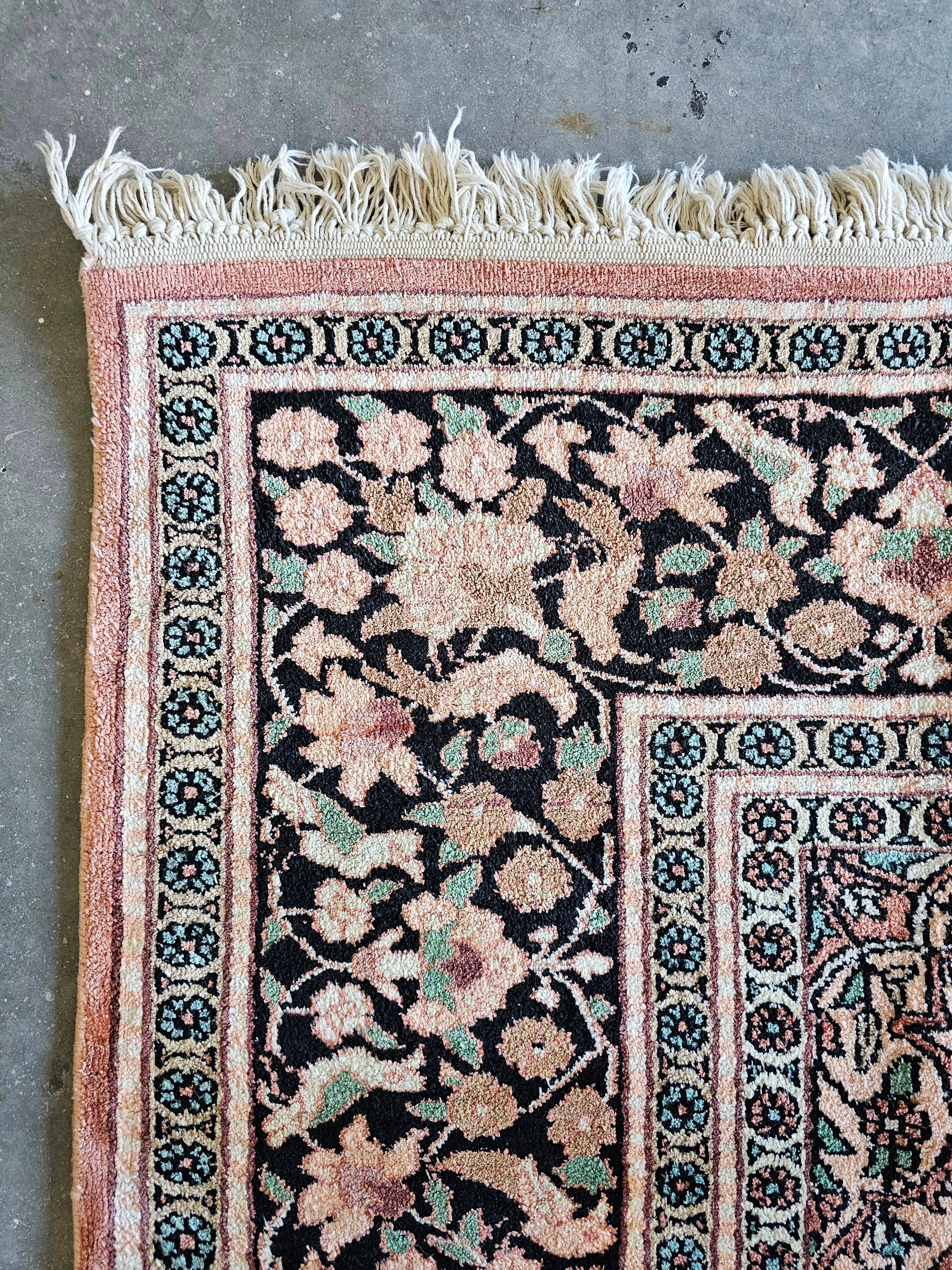 Vintage Kasmir Silk Hand-Knotted Rug with Floral Pattern, Pakistan 1950s