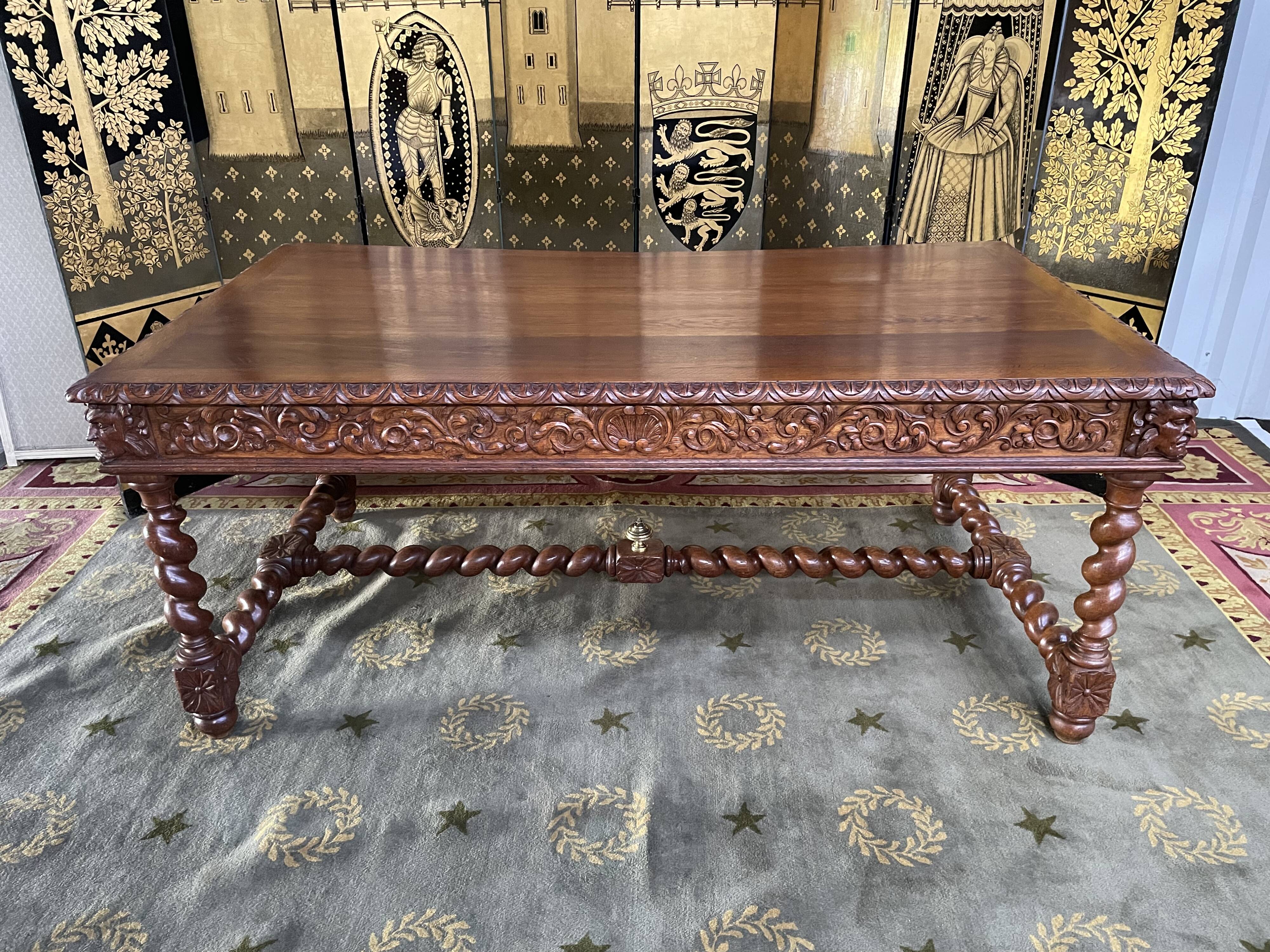 Office style Louis XIII solid oak carved restored