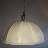 Large leather, vellum and brass Italian cocoon chandelier, Italy 1950s