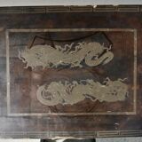 Pair of trundle tables made of black wood - tray with decoration of dragons