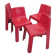Four red fibreglass chairs from the 1970s.