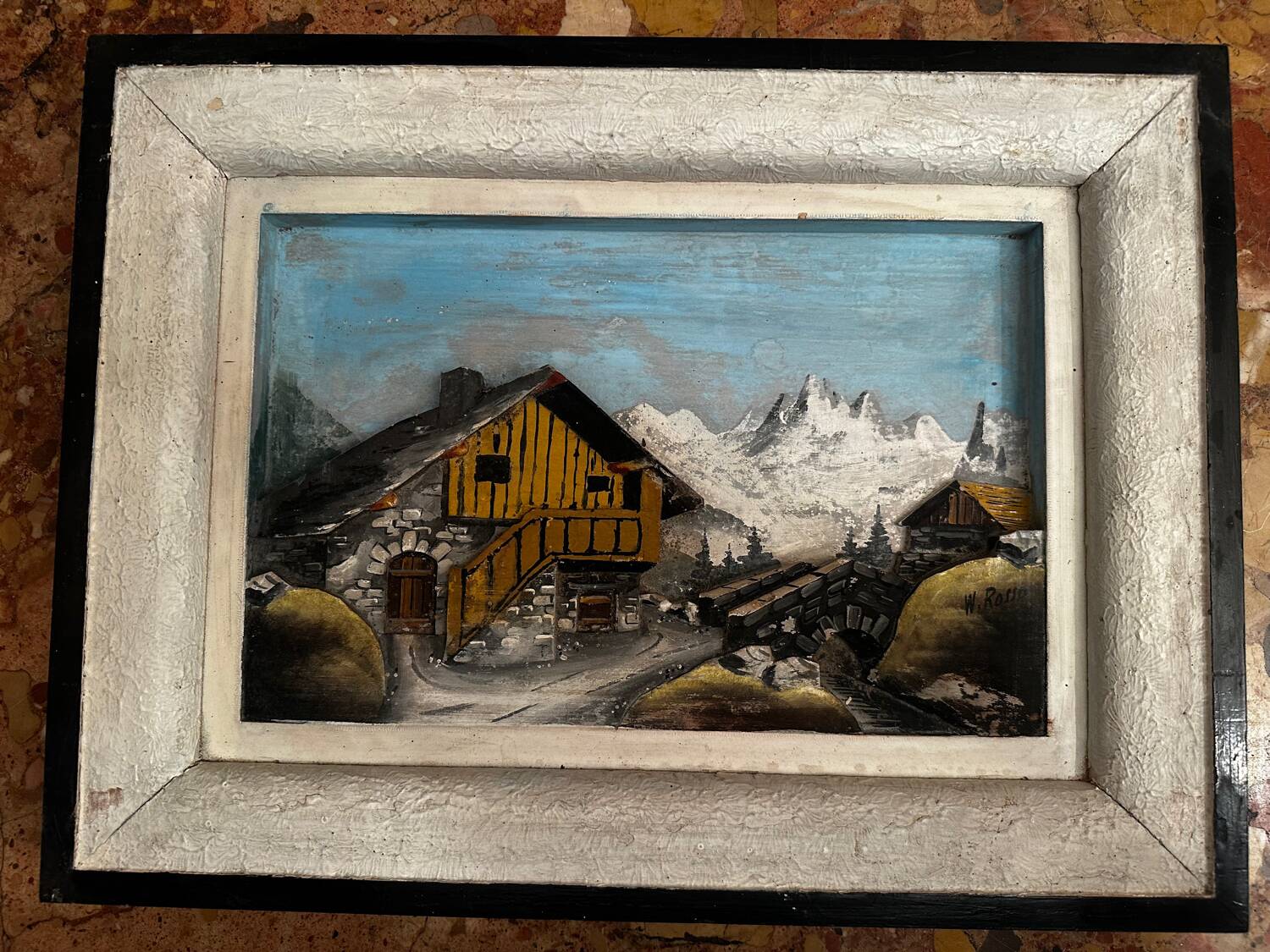 Alpine Table Vintage 1950s Carved and Painted Wood Signed W. Rosso