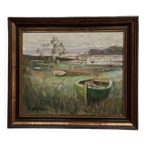 Oil on canvas by R. Queïnnec landscape with boats 20th century