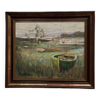 Oil on canvas by R. Queïnnec landscape with boats 20th century