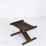 Vintage x-base oak and saddle leather folding safari stool Hungary, 1970