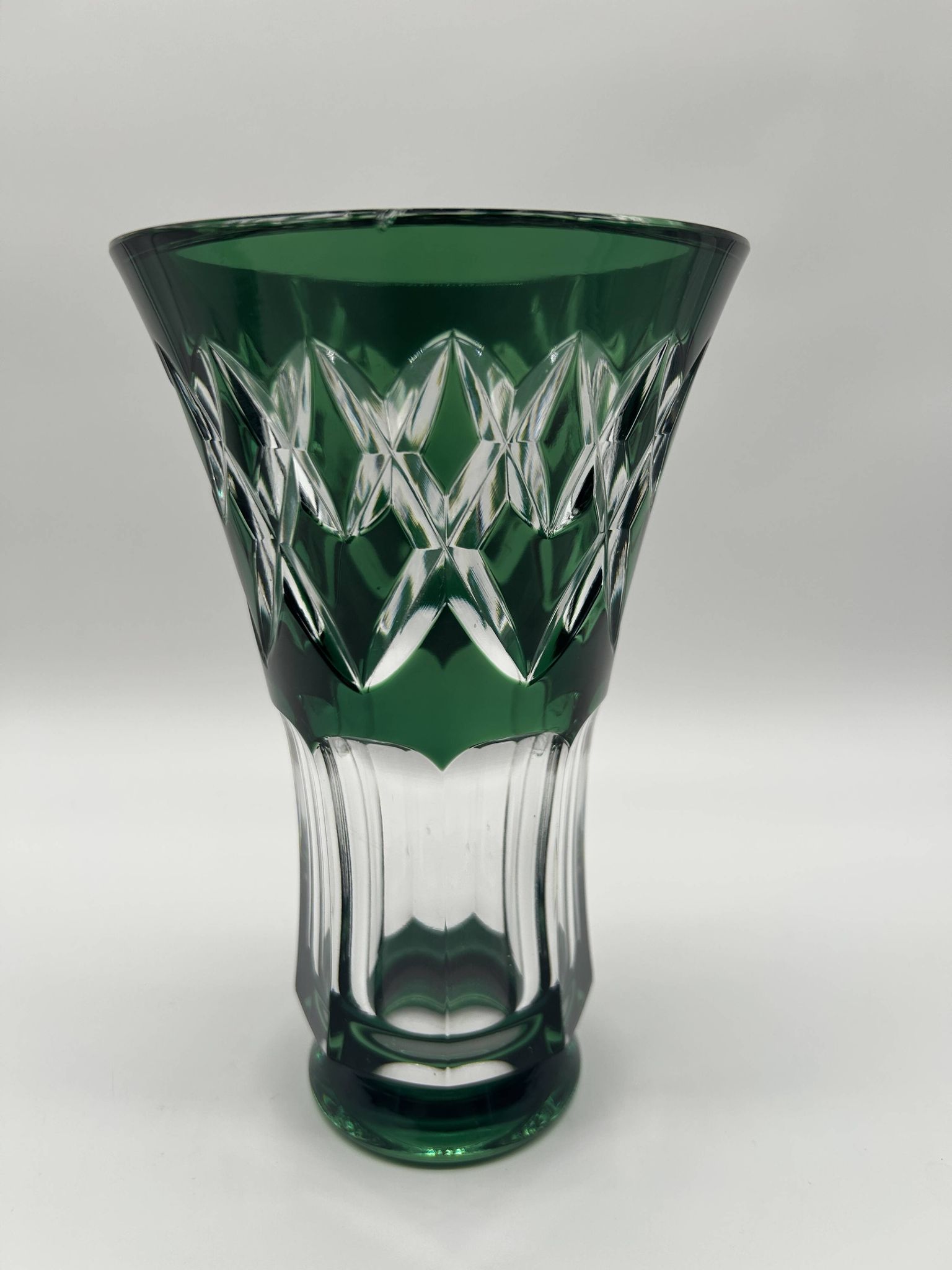 Cut and lined green crystal vase from Val Saint-Lambert