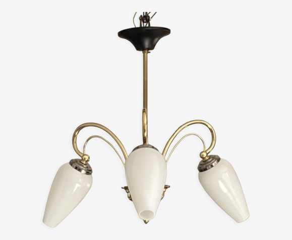 Lustre ancien métal doré et tulipe en verre blanc 1950 1960 vintage  décoration luminaire suspension | Selency