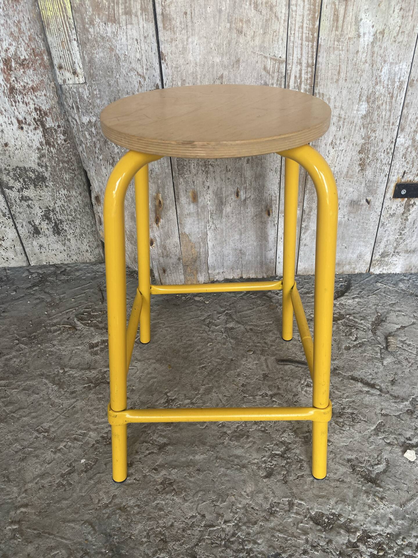 Vintage Industrial Stool DPC Yellow Metal Tube + Wooden Seat