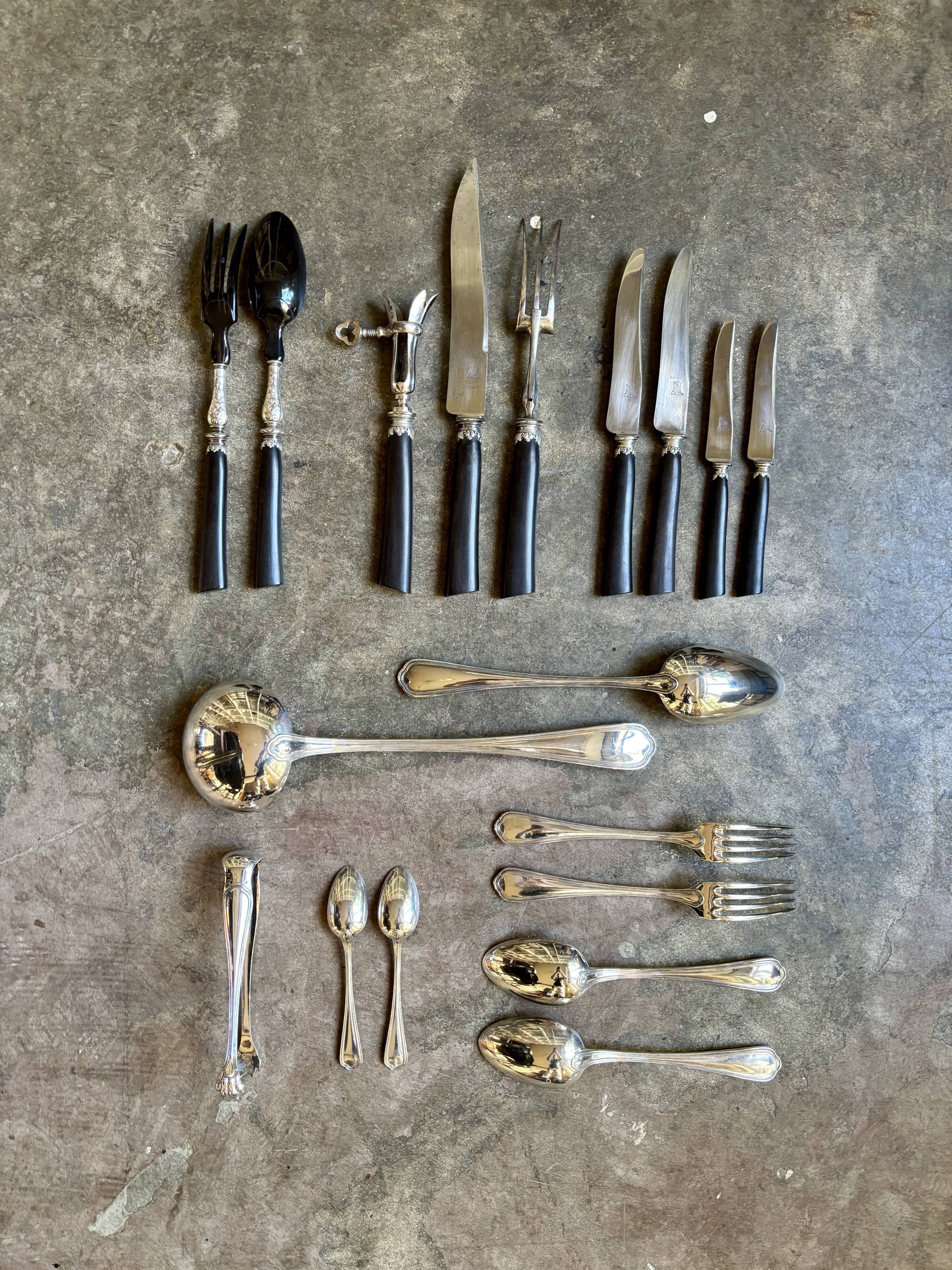 68-piece silver-plated and black ebony cutlery set with 4 velvet cases